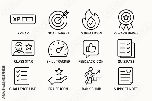 Achievement icons: xp bar, goal target, streak, reward badge, class star, skill tracker, feedback, quiz pass, challenge list