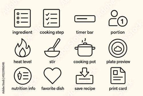 Cooking app icons for recipe steps and kitchen tools