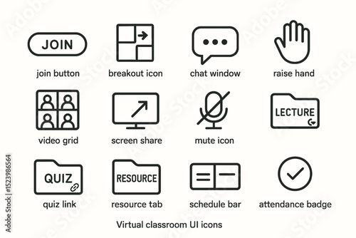 Virtual classroom ui icons: communication, interaction, organization
