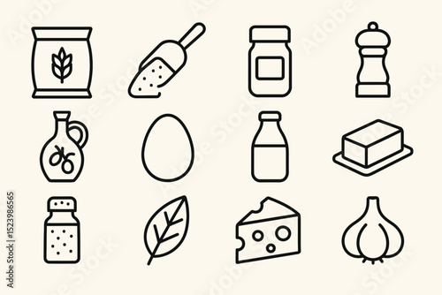 Collection of cooking ingredients icons including wheat, spice, pepper, garlic
