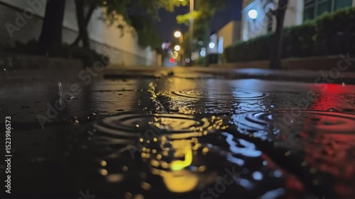 Rain-slicked pavement at night