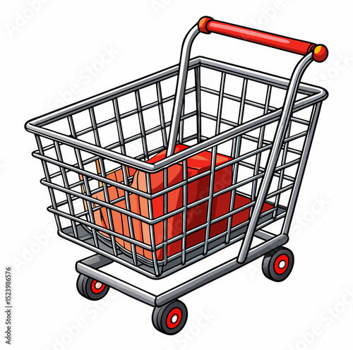 Empty red metallic shopping cart isolated on white, ready for your next purchase