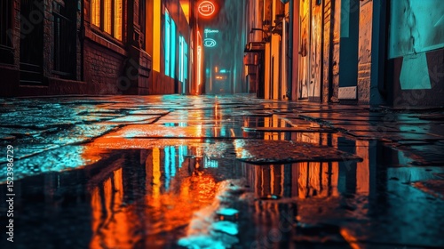Neon-Lit Urban Alley Reflection Background for Cyberpunk Design
