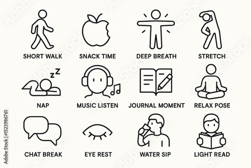 Healthy routine icons: exercise, relaxation, hydration, nutrition, reading
