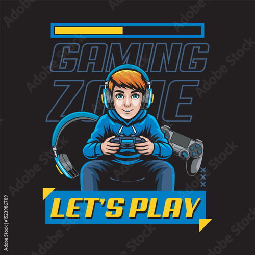 Nerdy Boy Streamer plays a videogame with a headphone mascot design illustration