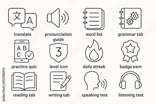 Language learning icons set featuring translate, pronunciation, word list, and more