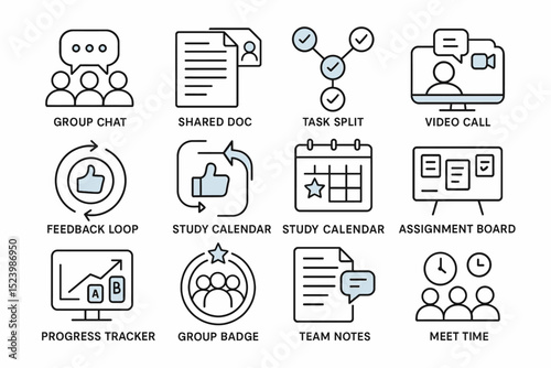 Task management icons – group chat, shared doc, video call, study calendar