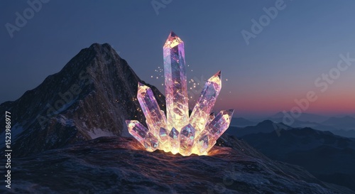 Glowing crystals rise from mountain peak
