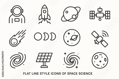 Space science icons collection featuring rockets, planets, satellites, meteor and moon phases