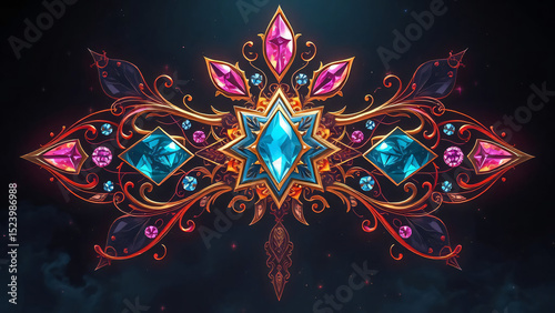 Bright, colorful abstract fractal flower design with a glowing star pattern for festive holiday celebration decor