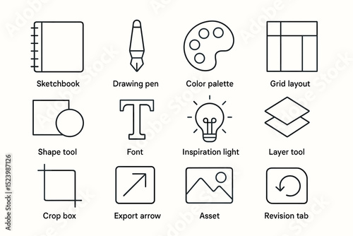 Creative design tools: sketchbook, pen, color palette, layout, and more icons