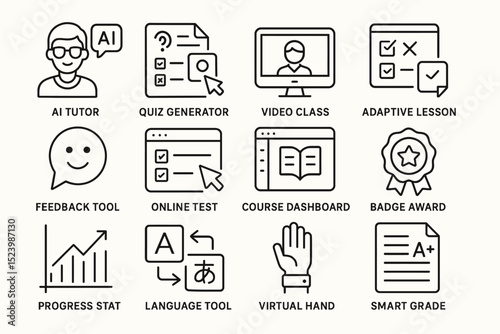 Online education tools icons featuring ai tutor and virtual class features
