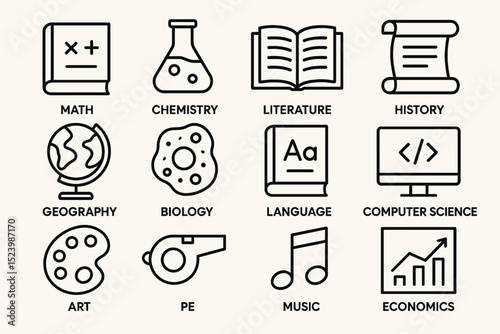 Educational icons set: math, chemistry, literature, history, art, music