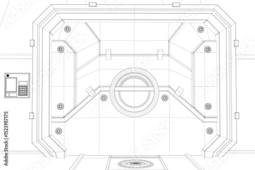This illustration showcases a futuristic sliding door mechanism with angular and geometric design elements. It features a central circular component, and sharp edges, emphasizing advanced technology