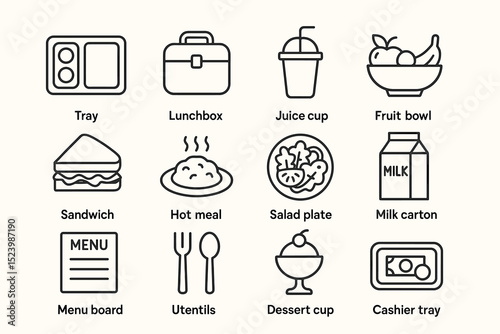 Set of food and drink icons including tray, lunchbox, juice cup, and more