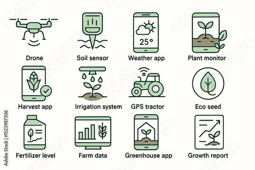 Agricultural technology icons: drone, sensors, apps, gps, irrigation, eco seeds