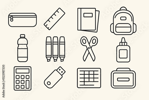 Back-to-school icons: supplies and stationery essentials