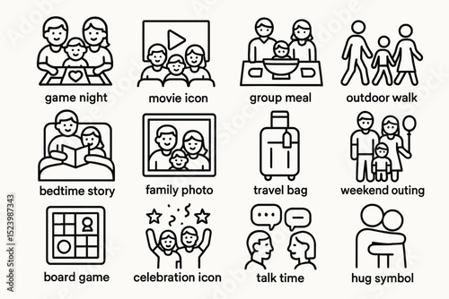 Family activities icons: game night, movie, meal, walk, stories, travel, celebration