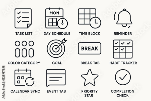 Productivity icons: task list, schedule, reminder, goal, break, tracker
