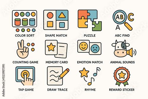 Educational games icons: sorting, puzzles, memory cards, and more