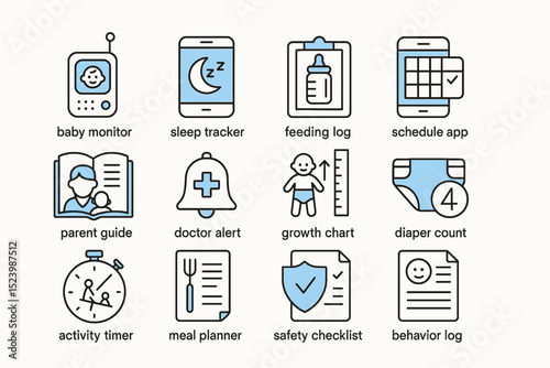 Parenting apps and tools icons: baby monitor, sleep tracker, feeding log, schedule app