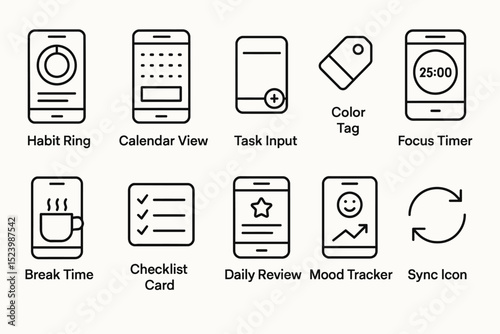 Minimalist productivity app icons for habit tracking and time management