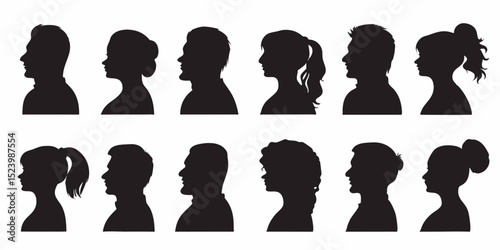 Collection of varied silhouette head profiles of men and women in a simple graphic representation, vector art