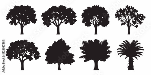 Collection of eight tree silhouettes showcasing diverse shapes and foliage patterns in a stark black and white view, vector art