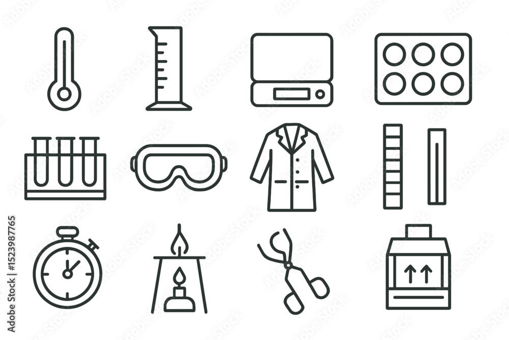 Fototapeta premium Scientific equipment icons: beaker, thermometer, safety goggles, lab coat, test tubes, stopwatch
