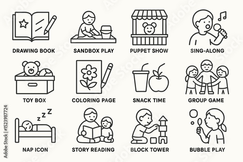 Childcare activities icons: drawing, play, puppets, singing, coloring, snacks, games