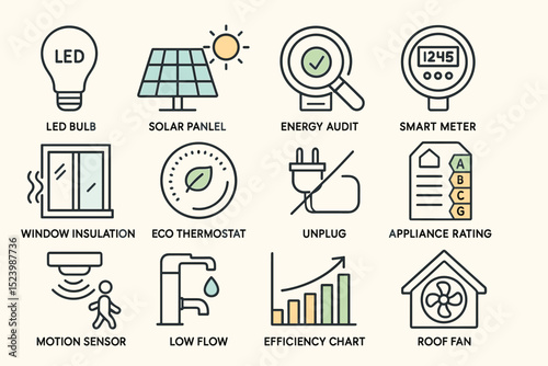 Eco-friendly energy solutions icons: led, solar, audit, insulation, efficiency