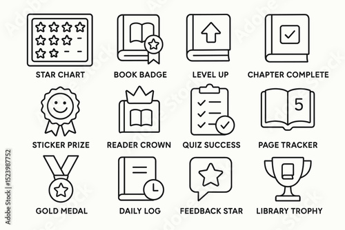 Achievement icons: star chart, book badge, level up, chapter complete, gold medal trophy