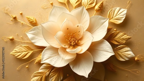 yellow orchid flower | A creamy white flower with golden leaves and accents on a gold background in an elegant presentation