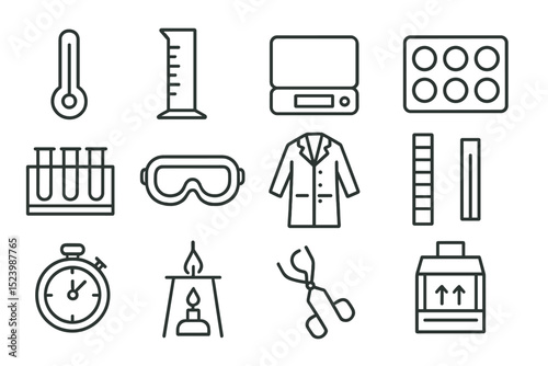 Scientific equipment icons: beaker, thermometer, safety goggles, lab coat, test tubes, stopwatch