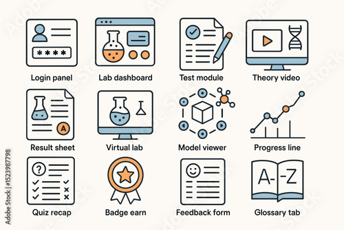 Educational icons set featuring virtual lab, quiz recap, and model viewer