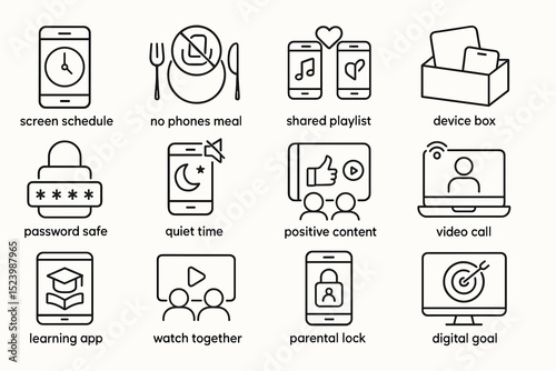 Digital wellbeing icons: screen time, no phones meal, device management, video call