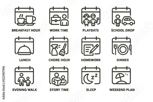 Daily family routine icons depicting meals, work, school, and leisure activities