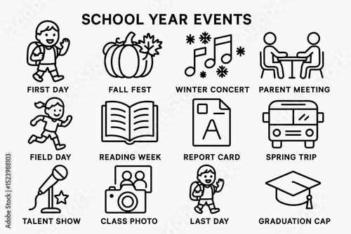 School year events icons: celebrations, meetings, and activities for students