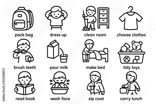 Children's morning routine icons: tasks and chores for daily organization