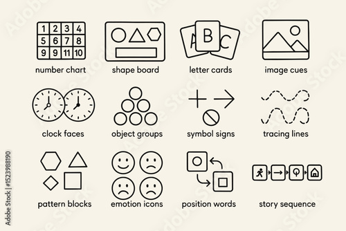 Educational icons set featuring charts, shapes, letters, and learning tools for kids
