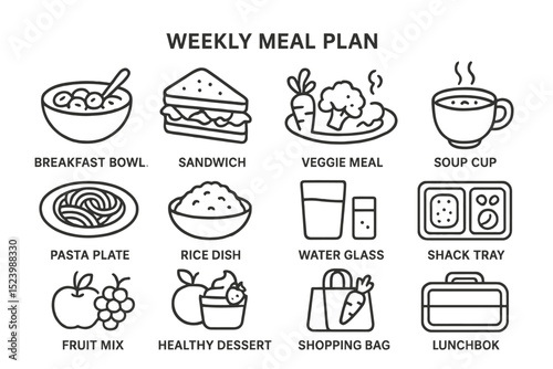 Weekly meal plan icons featuring breakfast, sandwich, veggie meal, and more