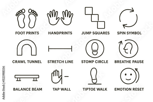 Minimalist playground activity icons set with movement and balance symbols