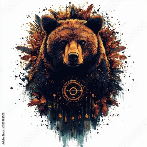 A dynamic digital illustration of a roaring brown bear's head, featuring an expressive open mouth and surrounded by vibrant, textured feathers and abstract paint splatters.