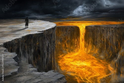 A man on a rock looking at a lava field. Generative AI