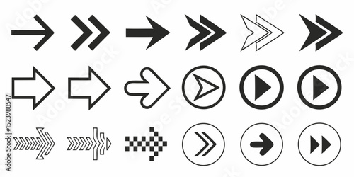 Illustration showing a variety of different types of arrow designs pointing to the right side shown here, vector art
