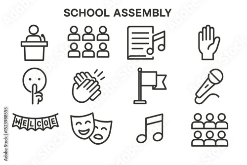 School assembly icons: speaker, audience, music, applause, drama masks