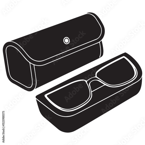 Black rectangular eyeglasses with a black leather case on a white surface