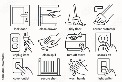 Home safety and cleaning icons including locking door and washing hands