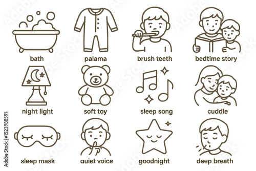 Bedtime rituals for children: routine icons for sleep preparation and comfort