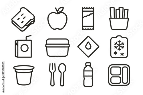 Food and drink icons: sandwich, apple, snack, fries, cup, utensils, bottle, tray